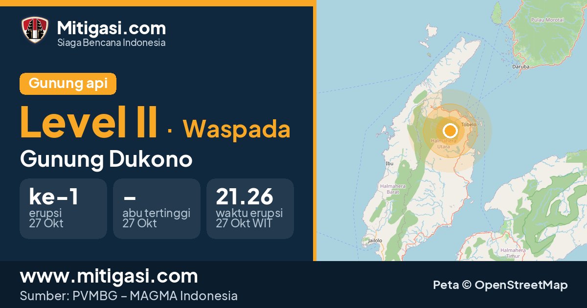 Peta lokasi Gunung Dukono, Kabupaten Halmahera Utara, Maluku Utara. (Mitigasi.com/data PVMBG)