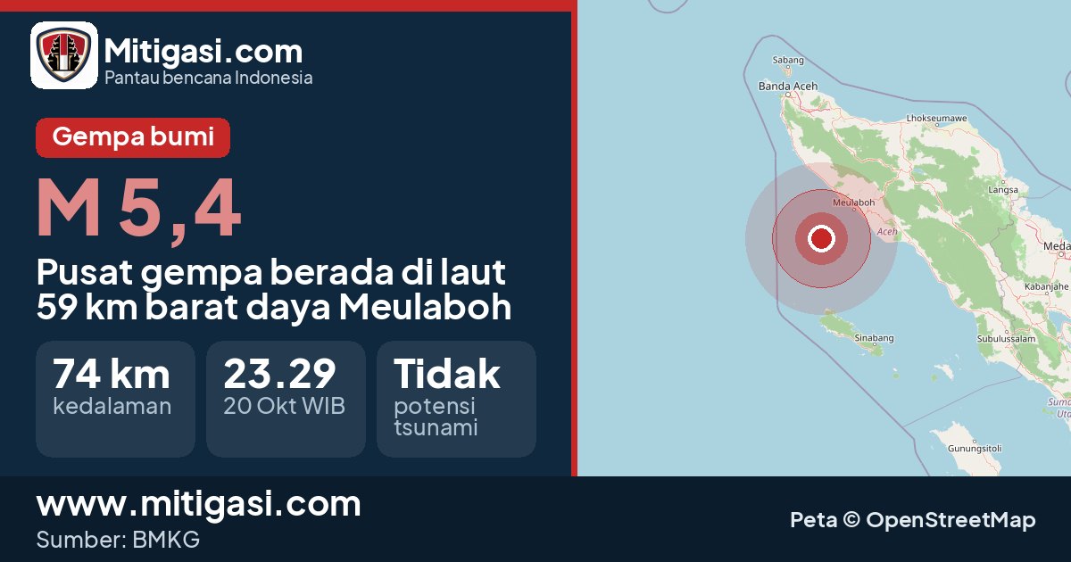 Peta pusat gempa magnitudo 5,4 di Meulaboh, Aceh. (Mitigasi.com/data BMKG)