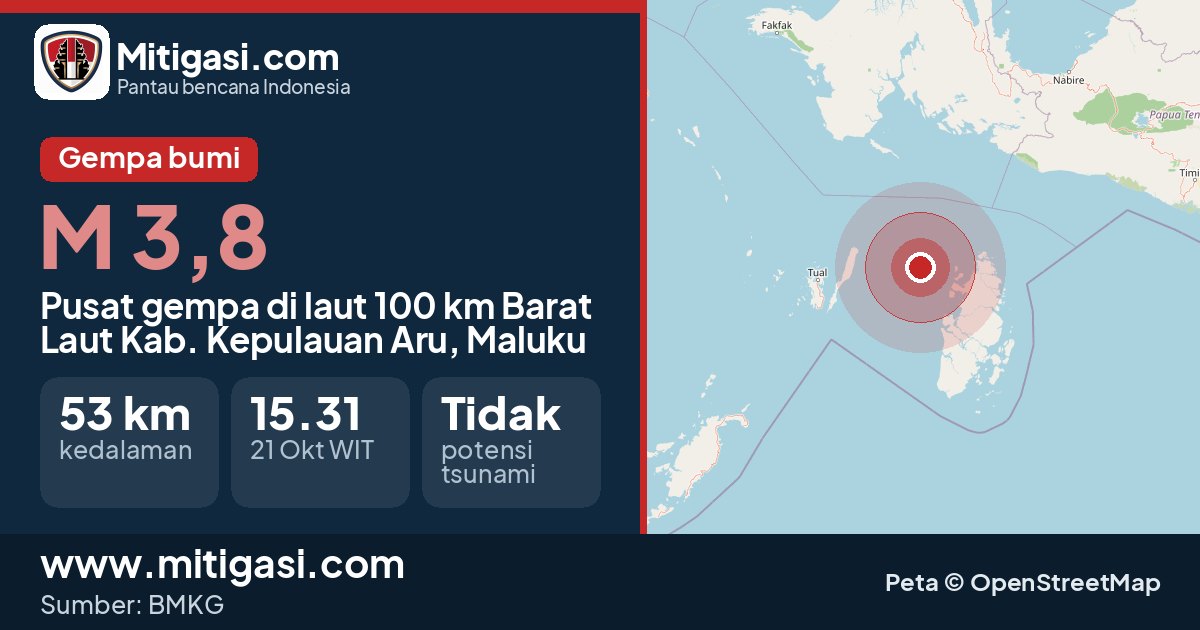 Peta pusat gempa magnitudo 3,8 di Kabupaten Kepulauan Aru, Maluku. (Mitigasi.com/data BMKG)