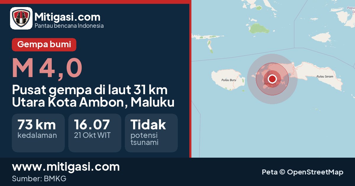 Peta pusat gempa magnitudo 4,0 di Kota Ambon, Maluku. (Mitigasi.com/data BMKG)