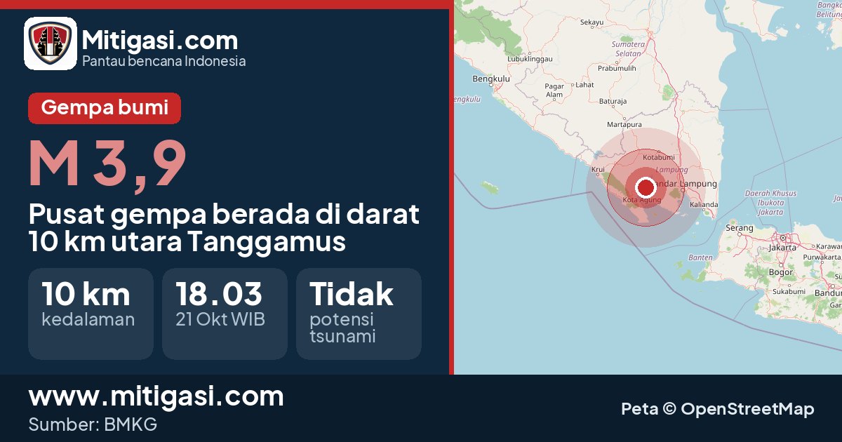 Peta pusat gempa magnitudo 3,9 di Tanggamus, Lampung. (Mitigasi.com/data BMKG)