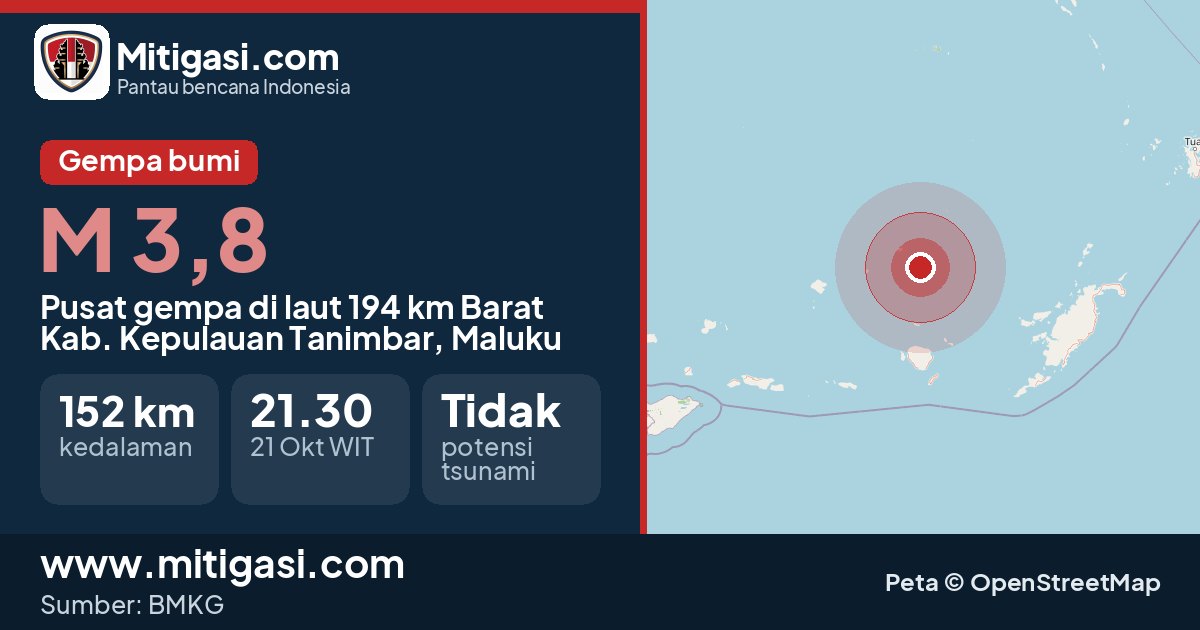 Peta pusat gempa magnitudo 3,8 di Kabupaten Kepulauan Tanimbar, Maluku. (Mitigasi.com/data BMKG)