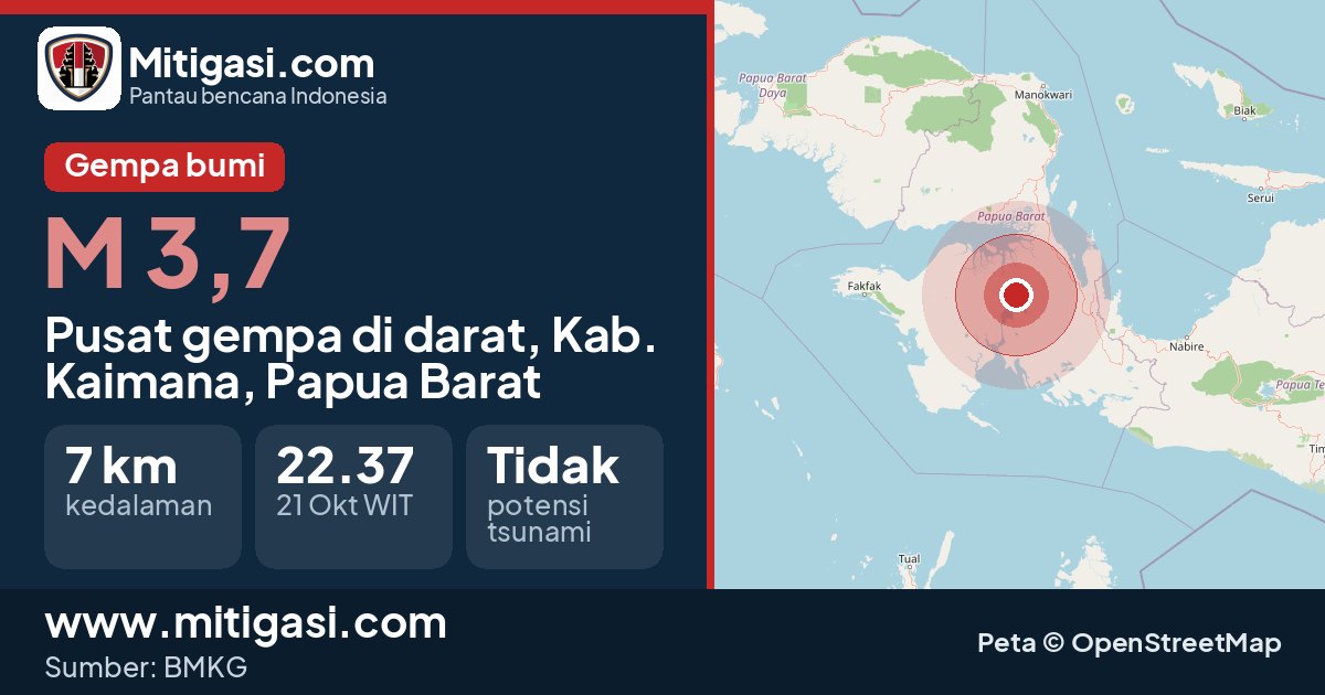 Peta pusat gempa magnitudo 3,7 di Kabupaten Kaimana, Papua Barat. (Mitigasi.com/data BMKG)