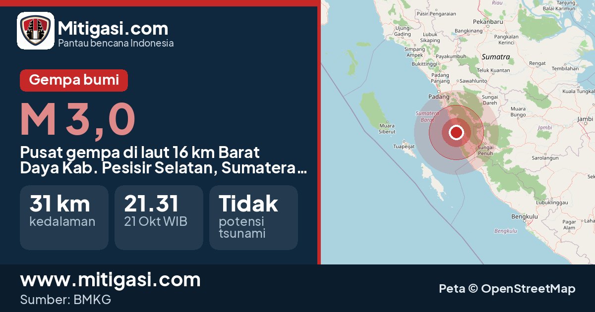 Peta pusat gempa magnitudo 3,0 di Kabupaten Pesisir Selatan, Sumatera Barat. (Mitigasi.com/data BMKG)