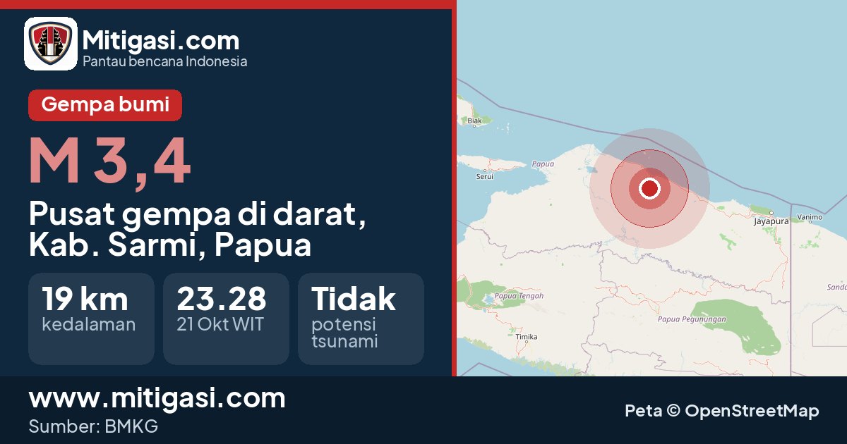 Peta pusat gempa magnitudo 3,4 di Kabupaten Sarmi, Papua. (Mitigasi.com/data BMKG)