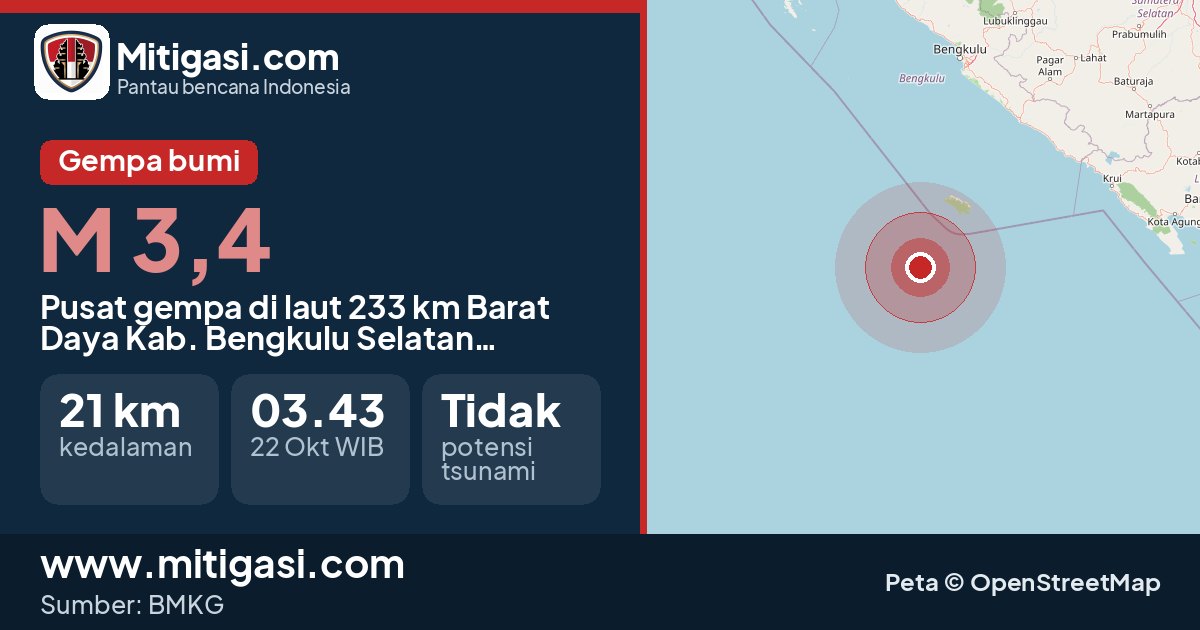 Peta pusat gempa magnitudo 3,4 di Kabupaten Bengkulu Selatan, Bengkulu. (Mitigasi.com/data BMKG)