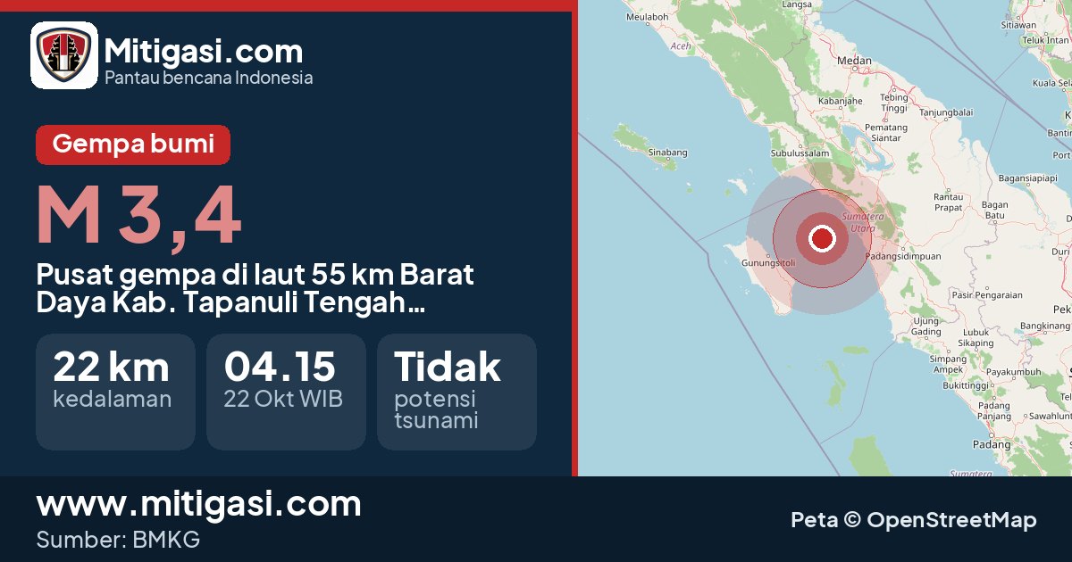 Peta pusat gempa magnitudo 3,4 di Kabupaten Tapanuli Tengah, Sumatera Utara. (Mitigasi.com/data BMKG)
