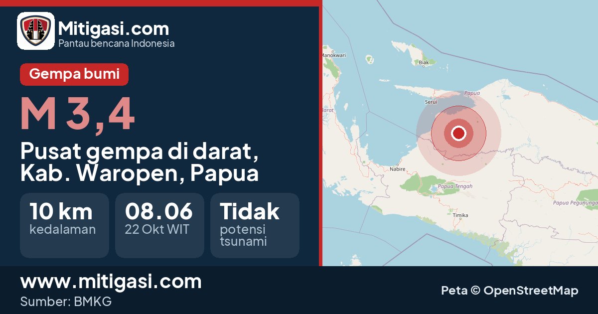 Peta pusat gempa magnitudo 3,4 di Kabupaten Waropen, Papua. (Mitigasi.com/data BMKG)