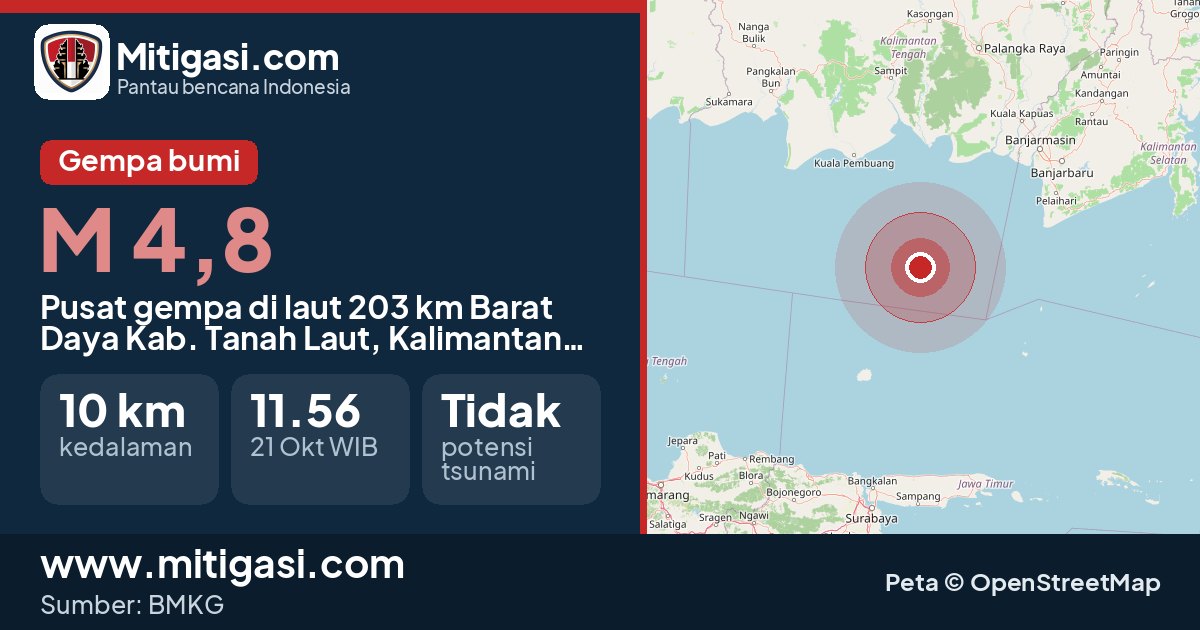 Peta pusat gempa magnitudo 4,8 di Kabupaten Tanah Laut, Kalimantan Selatan. (Mitigasi.com/data BMKG)