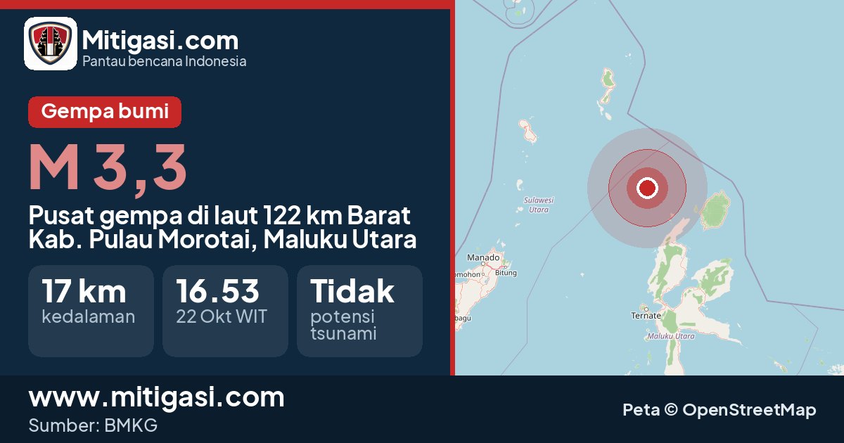 Peta pusat gempa magnitudo 3,3 di Kabupaten Pulau Morotai, Maluku Utara. (Mitigasi.com/data BMKG)