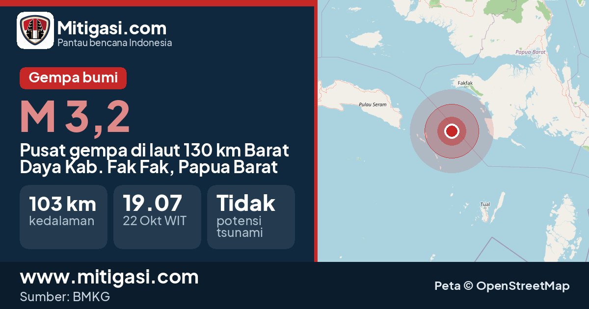 Peta pusat gempa magnitudo 3,2 di Kabupaten Fak Fak, Papua Barat. (Mitigasi.com/data BMKG)