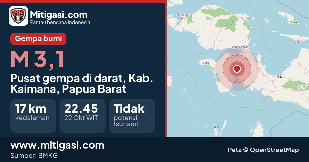Peta pusat gempa magnitudo 3,1 di Kabupaten Kaimana, Papua Barat. (Mitigasi.com/data BMKG)