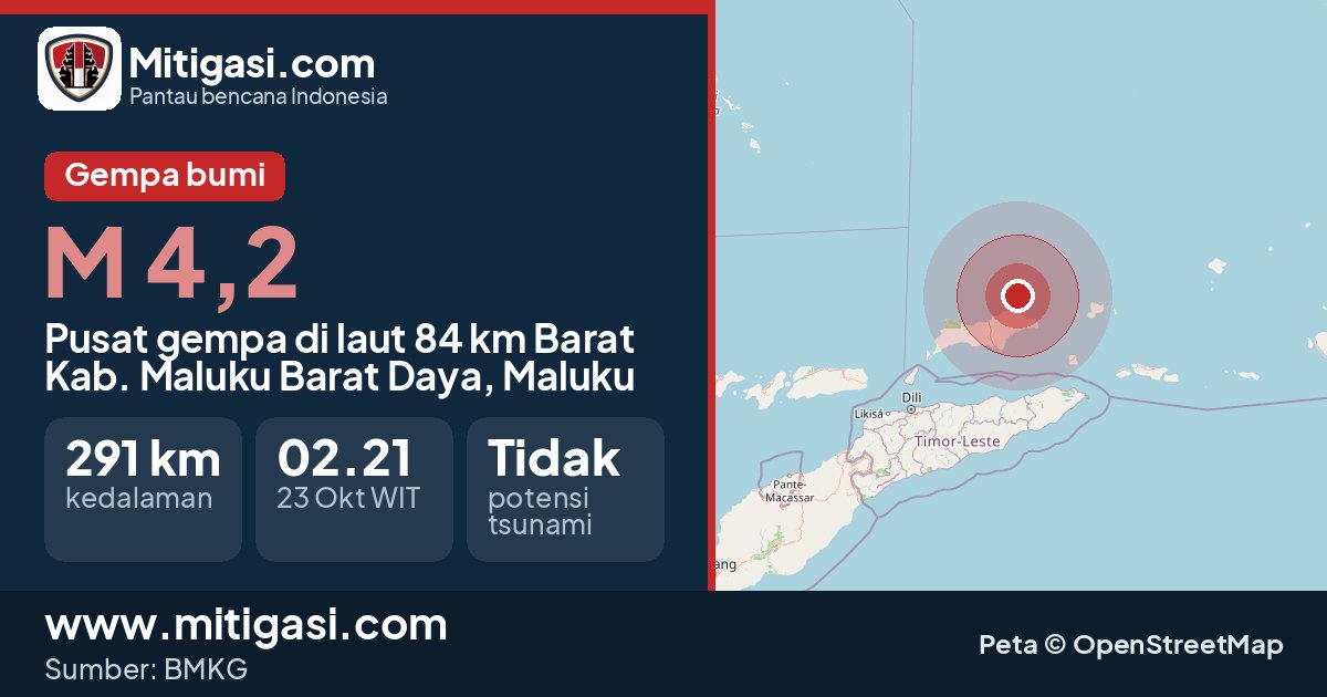 Peta pusat gempa magnitudo 4,2 di Kabupaten Maluku Barat Daya, Maluku. (Mitigasi.com/data BMKG)