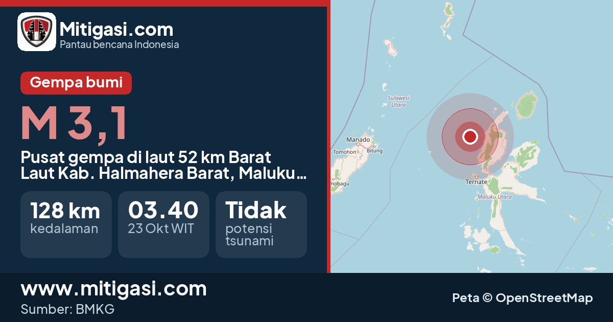 Peta pusat gempa magnitudo 3,1 di Kabupaten Halmahera Barat, Maluku Utara. (Mitigasi.com/data BMKG)