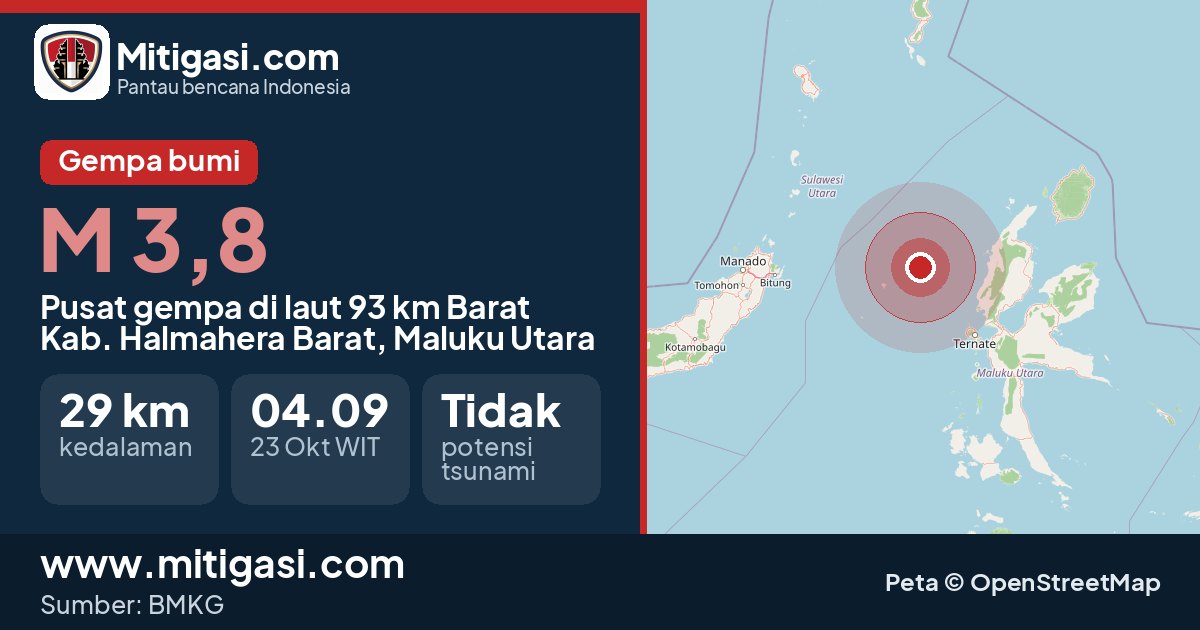 Peta pusat gempa magnitudo 3,8 di Kabupaten Halmahera Barat, Maluku Utara. (Mitigasi.com/data BMKG)