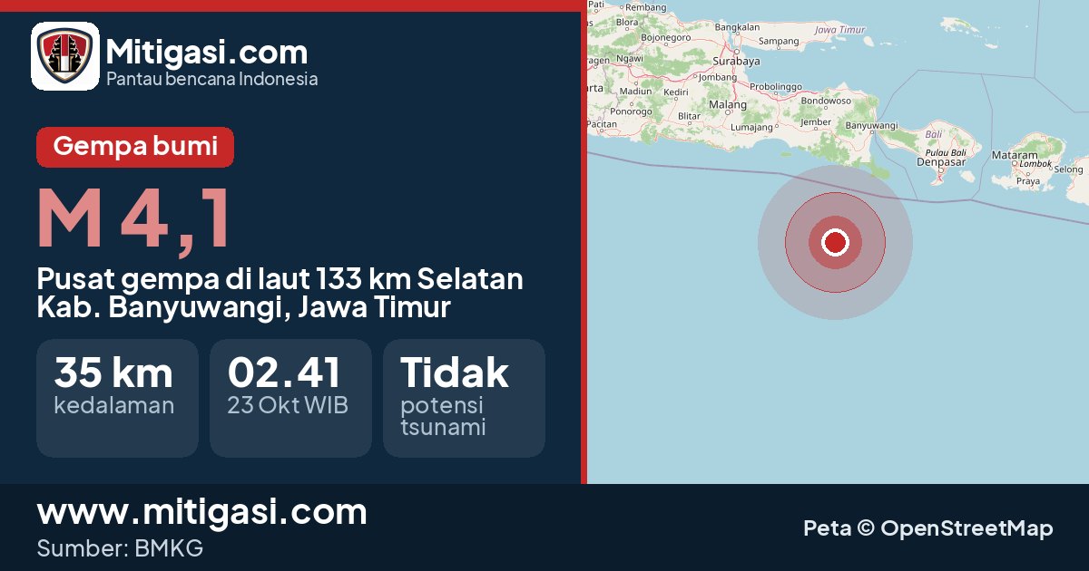 Peta pusat gempa magnitudo 4,1 di Kabupaten Banyuwangi, Jawa Timur. (Mitigasi.com/data BMKG)