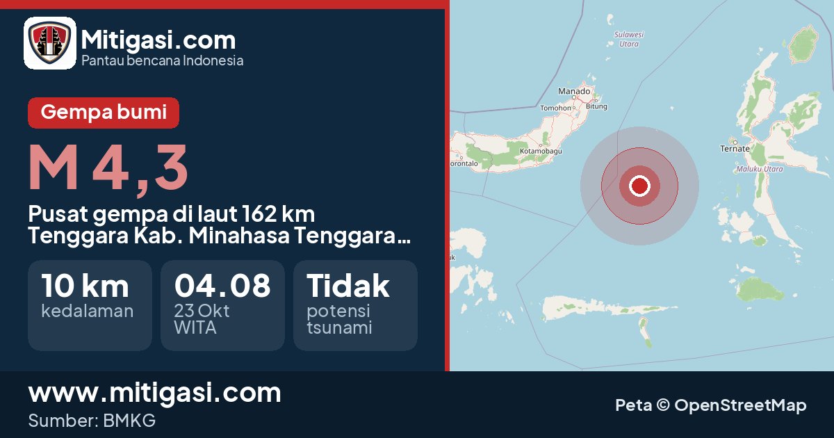 Peta pusat gempa magnitudo 4,3 di 162 km Tenggara Kabupaten Minahasa Tenggara, Sulawesi Utara. (Mitigasi.com/data BMKG)