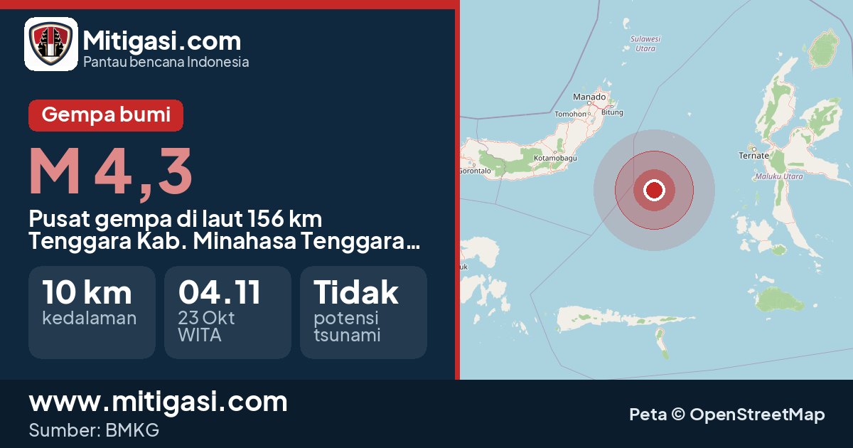 Peta pusat gempa magnitudo 4,3 di 156 km Tenggara Kabupaten Minahasa Tenggara, Sulawesi Utara. (Mitigasi.com/data BMKG)