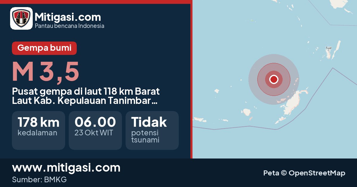 Peta pusat gempa magnitudo 3,5 di Kabupaten Kepulauan Tanimbar, Maluku. (Mitigasi.com/data BMKG)