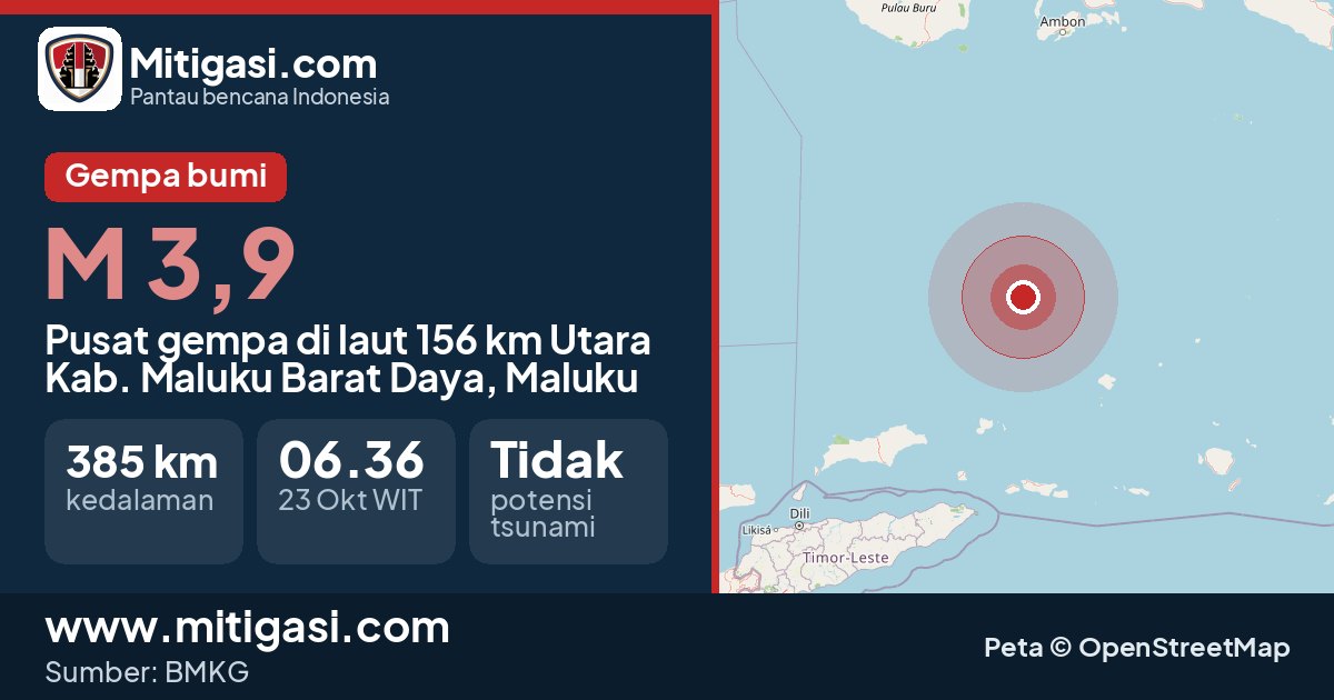 Peta pusat gempa magnitudo 3,9 di Kabupaten Maluku Barat Daya, Maluku. (Mitigasi.com/data BMKG)