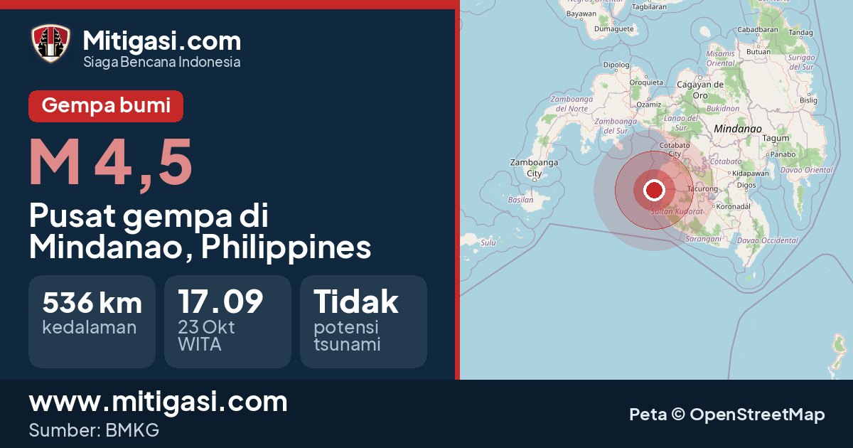 Peta pusat gempa magnitudo 4,5 di Mindanao, Philippines. (Mitigasi.com/data BMKG)