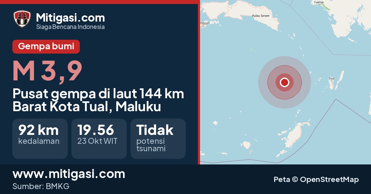 Peta pusat gempa magnitudo 3,9 di Kota Tual, Maluku. (Mitigasi.com/data BMKG)