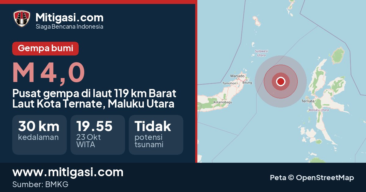 Peta pusat gempa magnitudo 4,0 di Kota Ternate, Maluku Utara. (Mitigasi.com/data BMKG)