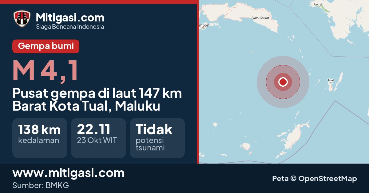 Peta pusat gempa magnitudo 4,1 di Kota Tual, Maluku. (Mitigasi.com/data BMKG)