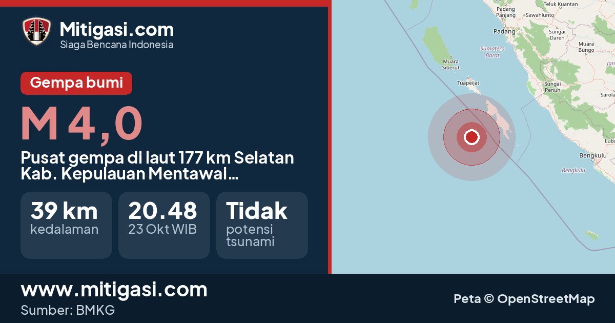 Peta pusat gempa magnitudo 4,0 di Kabupaten Kepulauan Mentawai, Sumatera Barat. (Mitigasi.com/data BMKG)