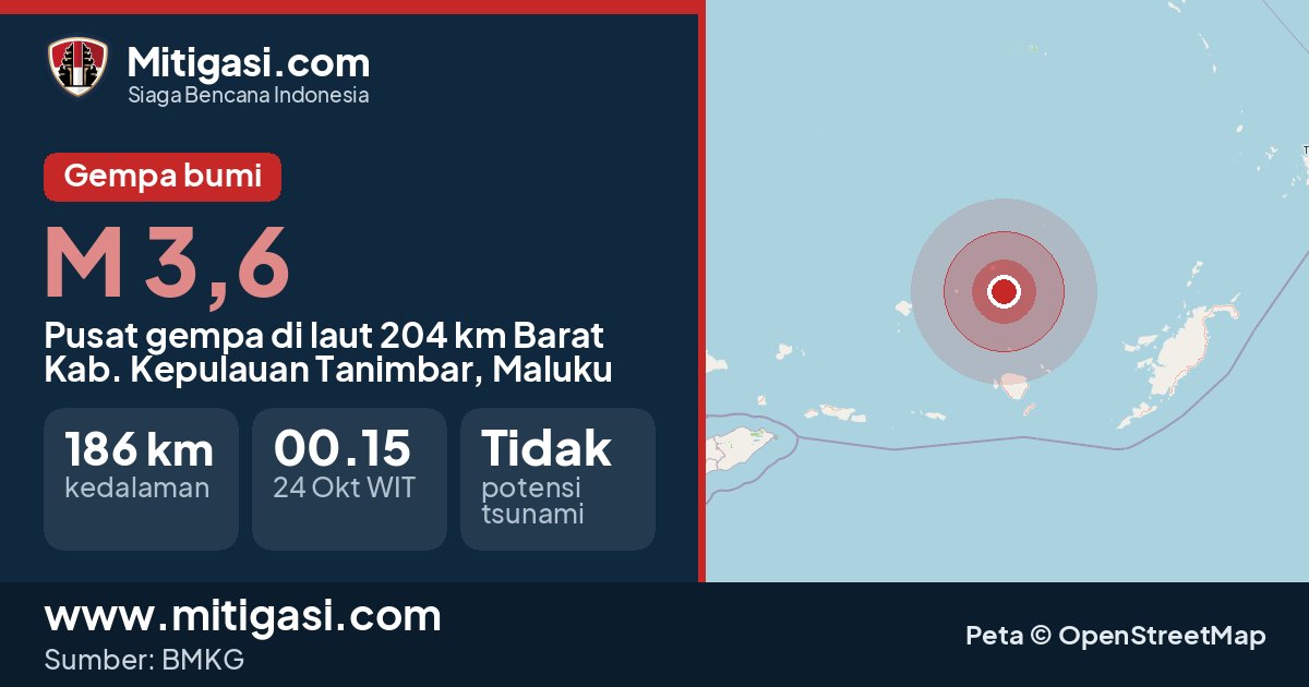 Peta pusat gempa magnitudo 3,6 di Kabupaten Kepulauan Tanimbar, Maluku. (Mitigasi.com/data BMKG)