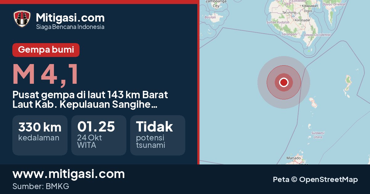 Peta pusat gempa magnitudo 4,1 di Kabupaten Kepulauan Sangihe, Sulawesi Utara. (Mitigasi.com/data BMKG)