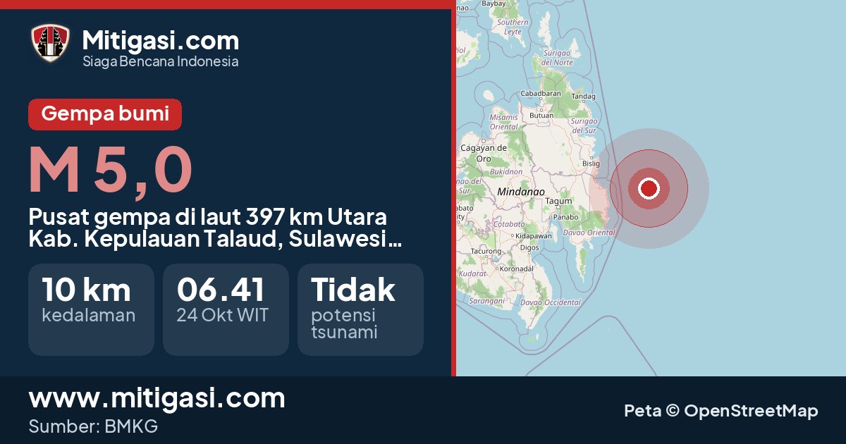 Peta pusat gempa magnitudo 5,0 di Kabupaten Kepulauan Talaud, Sulawesi Utara. (Mitigasi.com/data BMKG)
