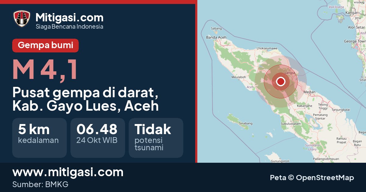 Peta pusat gempa magnitudo 4,1 di Kabupaten Gayo Lues, Aceh. (Mitigasi.com/data BMKG)