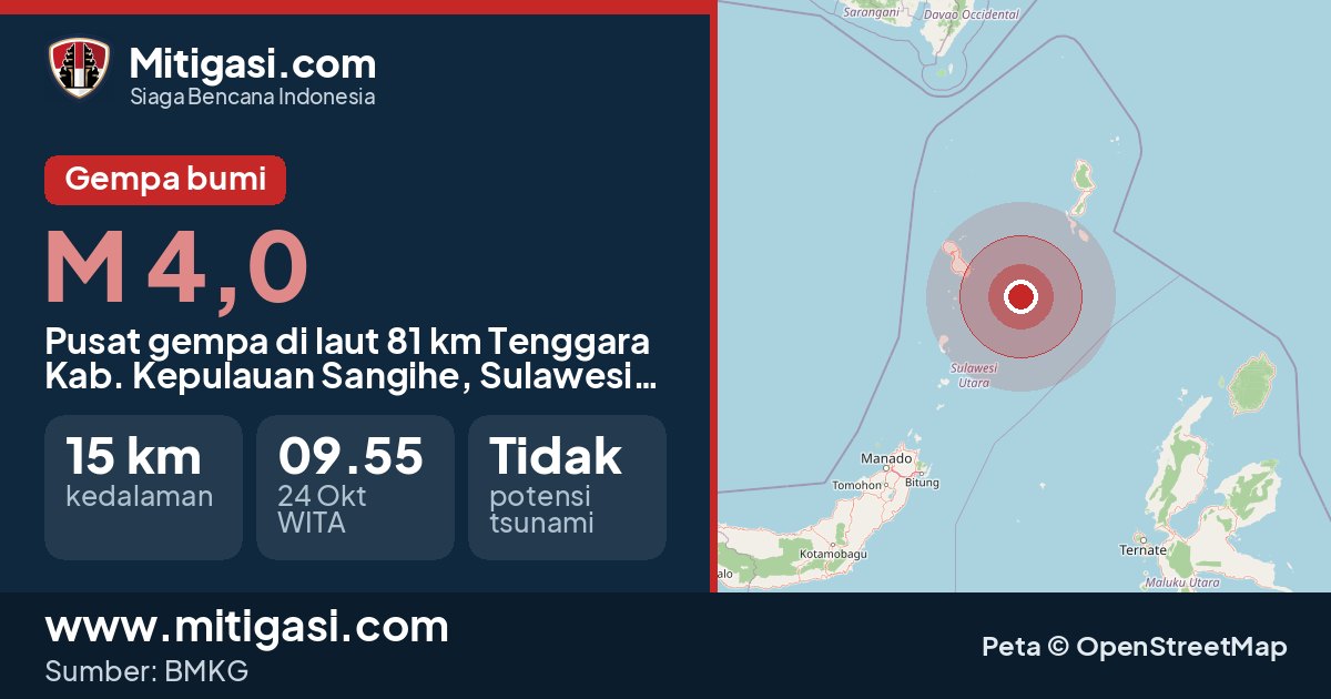 Peta pusat gempa magnitudo 4,0 di 81 km Tenggara Kabupaten Kepulauan Sangihe, Sulawesi Utara. (Mitigasi.com/data BMKG)