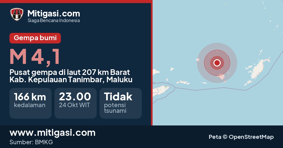 Peta pusat gempa magnitudo 4,1 di Kabupaten Kepulauan Tanimbar, Maluku. (Mitigasi.com/data BMKG)