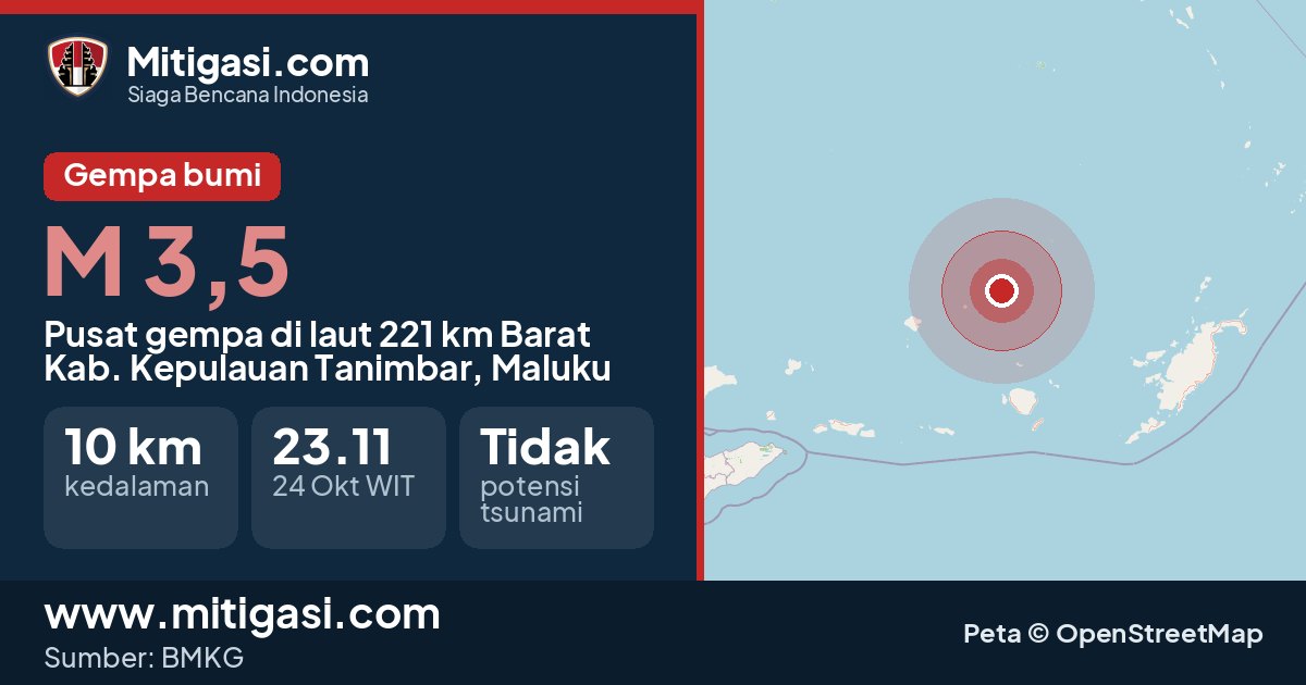 Peta pusat gempa magnitudo 3,5 di Kabupaten Kepulauan Tanimbar, Maluku. (Mitigasi.com/data BMKG)