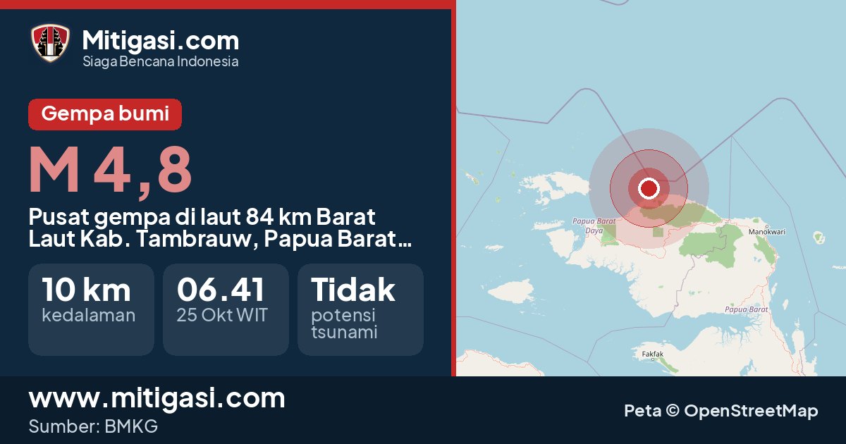 Peta pusat gempa magnitudo 4,8 di Kabupaten Tambrauw, Papua Barat Daya. (Mitigasi.com/data BMKG)