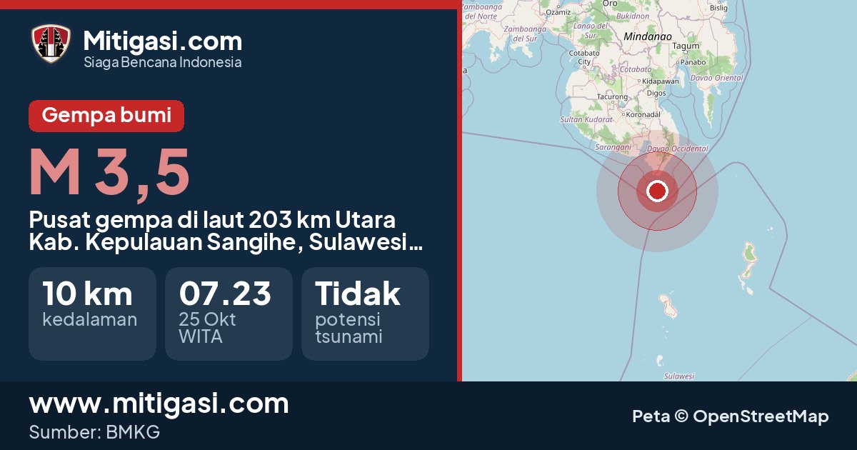 Peta pusat gempa magnitudo 3,5 di Kabupaten Kepulauan Sangihe, Sulawesi Utara. (Mitigasi.com/data BMKG)