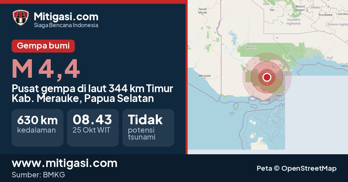 Peta pusat gempa magnitudo 4,4 di Kabupaten Merauke, Papua Selatan. (Mitigasi.com/data BMKG)