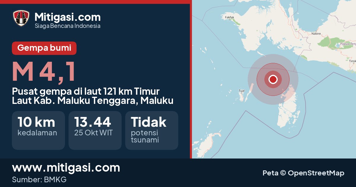 Peta pusat gempa magnitudo 4,1 di Kabupaten Maluku Tenggara, Maluku. (Mitigasi.com/data BMKG)