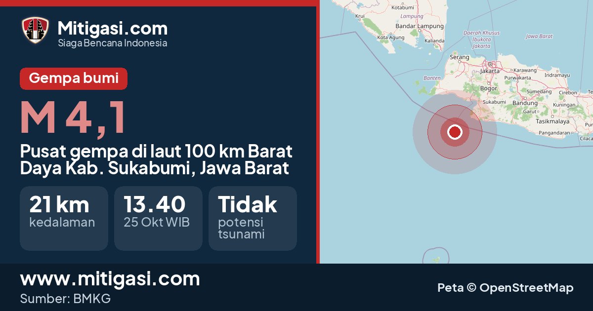 Peta pusat gempa magnitudo 4,1 di Kabupaten Sukabumi, Jawa Barat. (Mitigasi.com/data BMKG)