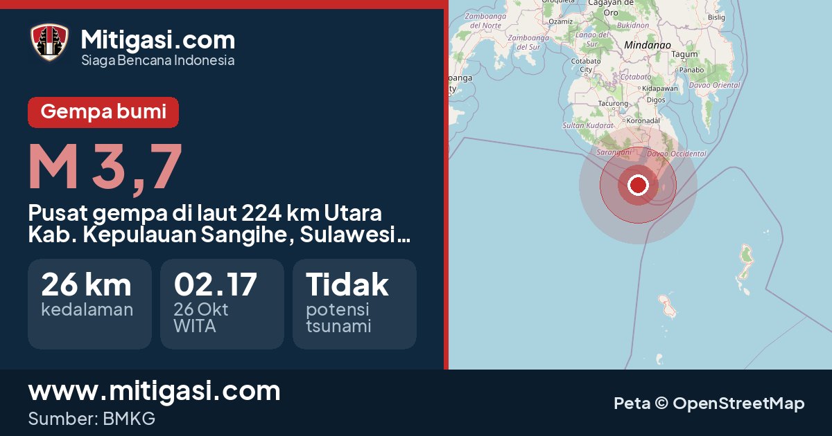 Peta pusat gempa magnitudo 3,7 di Kabupaten Kepulauan Sangihe, Sulawesi Utara. (Mitigasi.com/data BMKG)