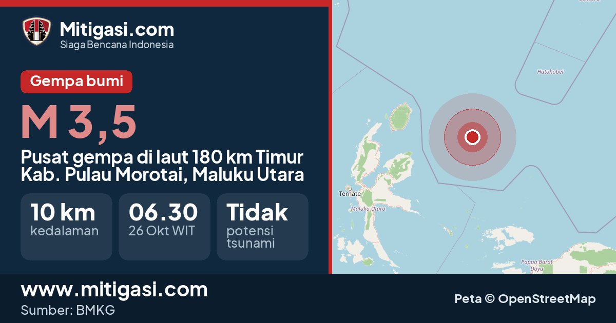 Peta pusat gempa magnitudo 3,5 di Kabupaten Pulau Morotai, Maluku Utara. (Mitigasi.com/data BMKG)