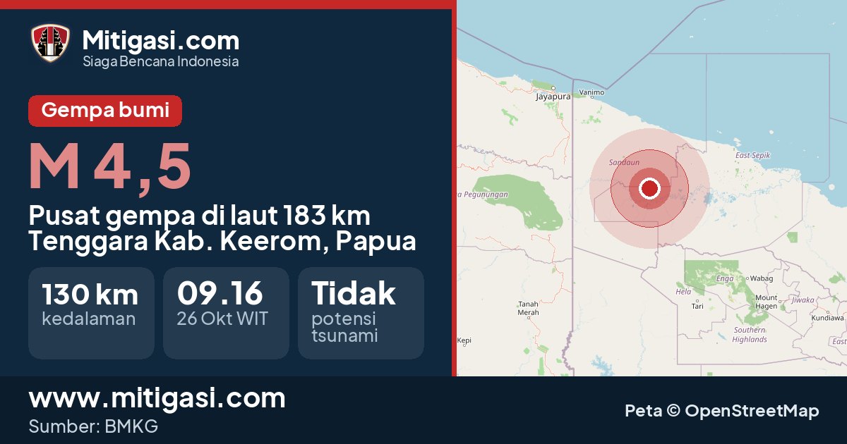 Peta pusat gempa magnitudo 4,5 di 183 km Tenggara Kabupaten Keerom, Papua. (Mitigasi.com/data BMKG)