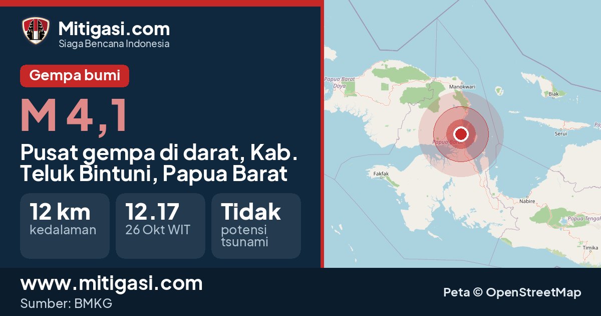 Peta pusat gempa magnitudo 4,1 di Kabupaten Teluk Bintuni, Papua Barat. (Mitigasi.com/data BMKG)