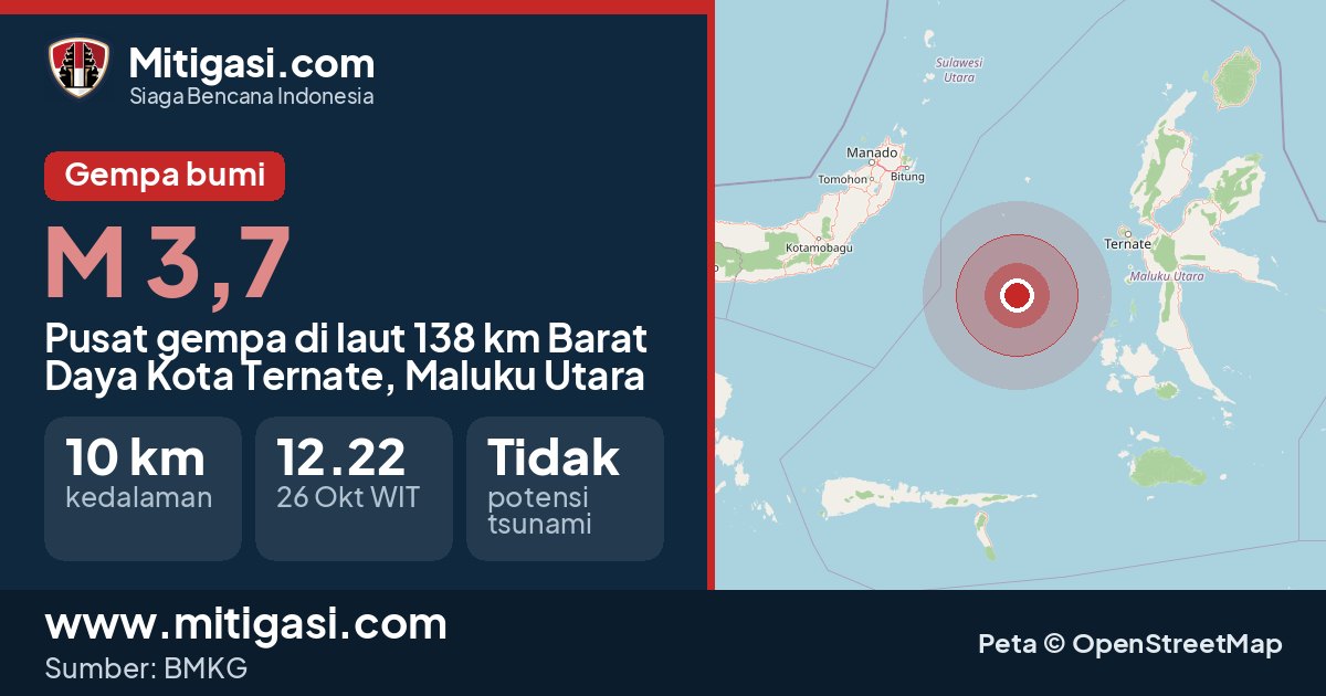 Peta pusat gempa magnitudo 3,7 di Kota Ternate, Maluku Utara. (Mitigasi.com/data BMKG)