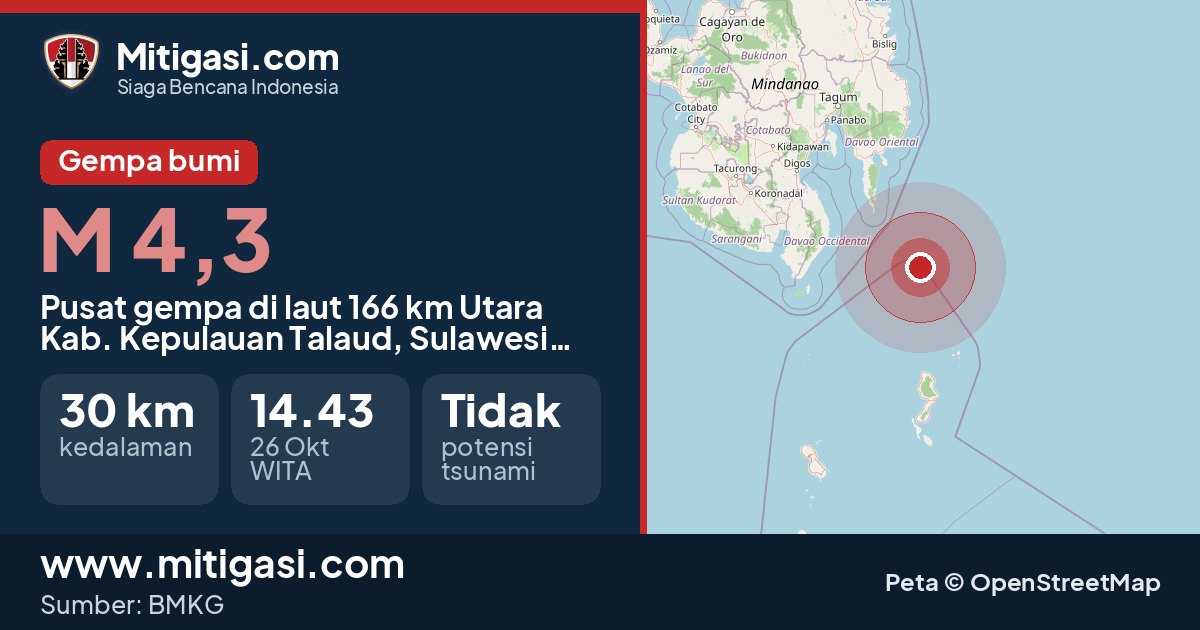 Peta pusat gempa magnitudo 4,3 di Kabupaten Kepulauan Talaud, Sulawesi Utara. (Mitigasi.com/data BMKG)