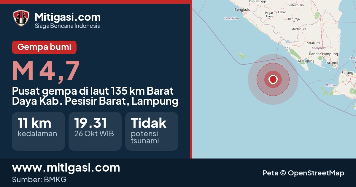 Peta pusat gempa magnitudo 4,7 di Kabupaten Pesisir Barat, Lampung. (Mitigasi.com/data BMKG)
