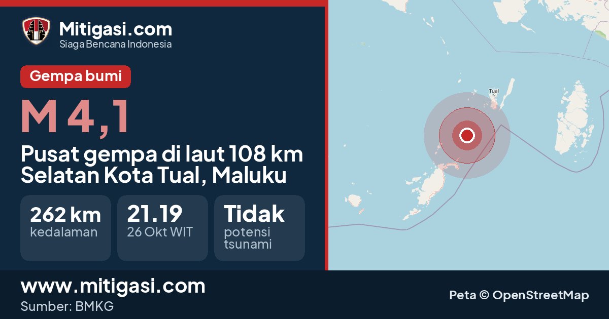 Peta pusat gempa magnitudo 4,1 di Kota Tual, Maluku. (Mitigasi.com/data BMKG)