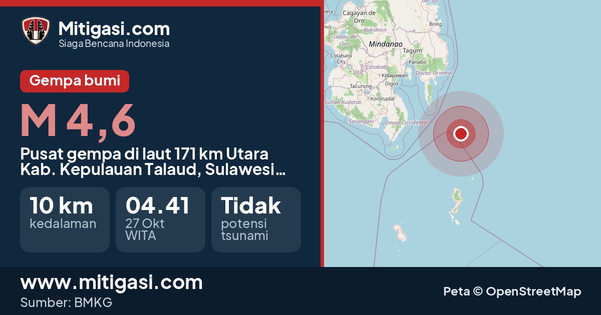 Peta pusat gempa magnitudo 4,6 di Kabupaten Kepulauan Talaud, Sulawesi Utara. (Mitigasi.com/data BMKG)